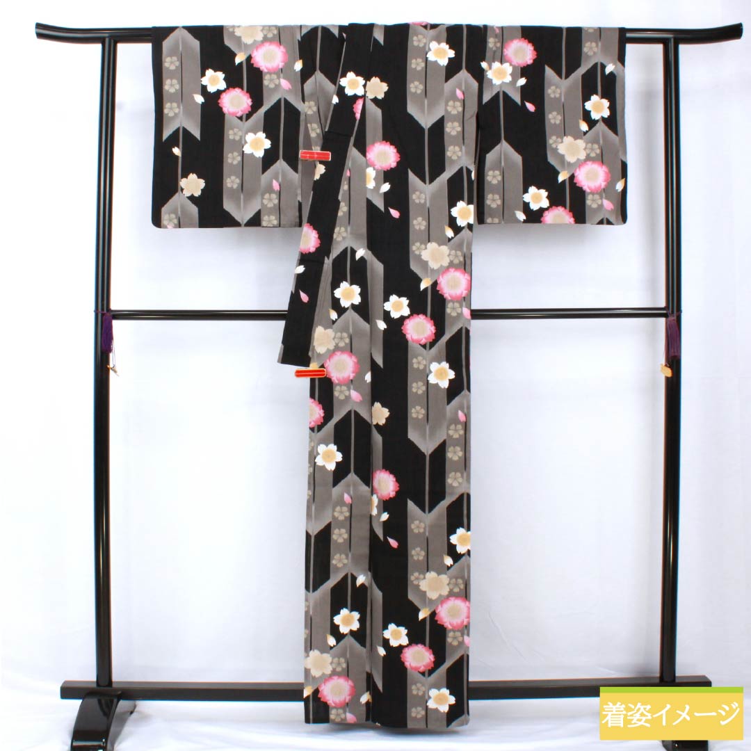 浴衣 木綿 身丈163cm 裄丈68.5cm Sランク 単衣 グレー系 素鼠色(すねずいろ) 桜 1118005502422