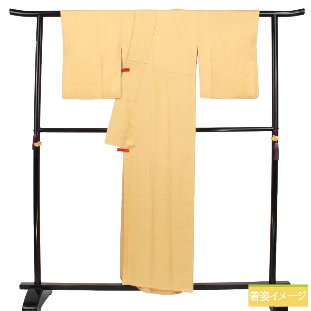 色無地 正絹 Aランク 身丈155.5cm 裄丈65.5cm 黄唐紙色(きからかみいろ) 紋意匠 草花模様 一つ紋 袷 黄系 1114003003323