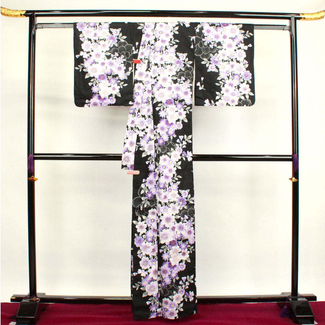 浴衣 桜 木綿 Sランク 単衣 身丈161.5cm 裄丈65.5cm 黒系 1118001492410