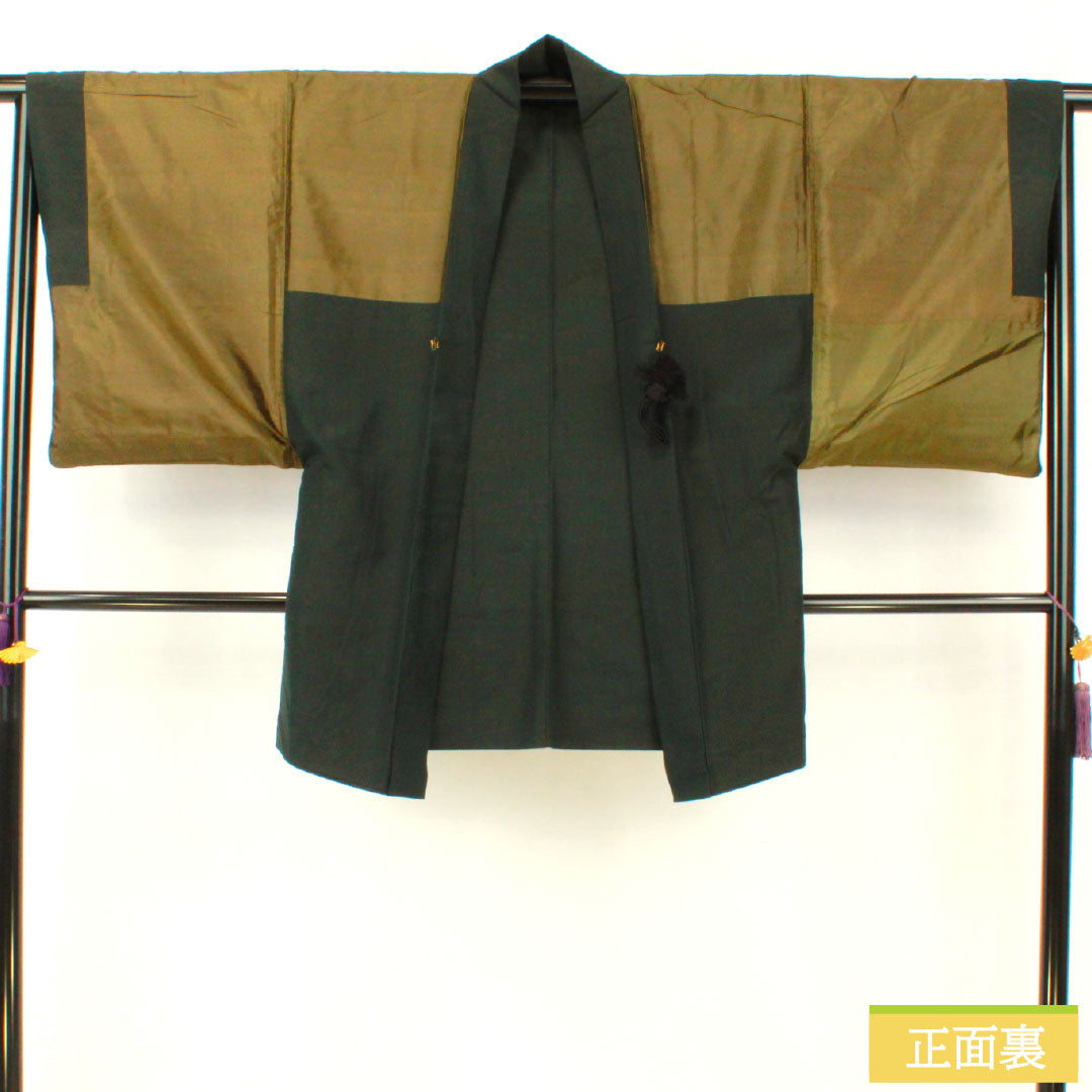 男物 正絹 Sランク 身丈88cm 裄丈66cm 錆鉄色(さびてついろ) 紬地 緑系 1119001642119