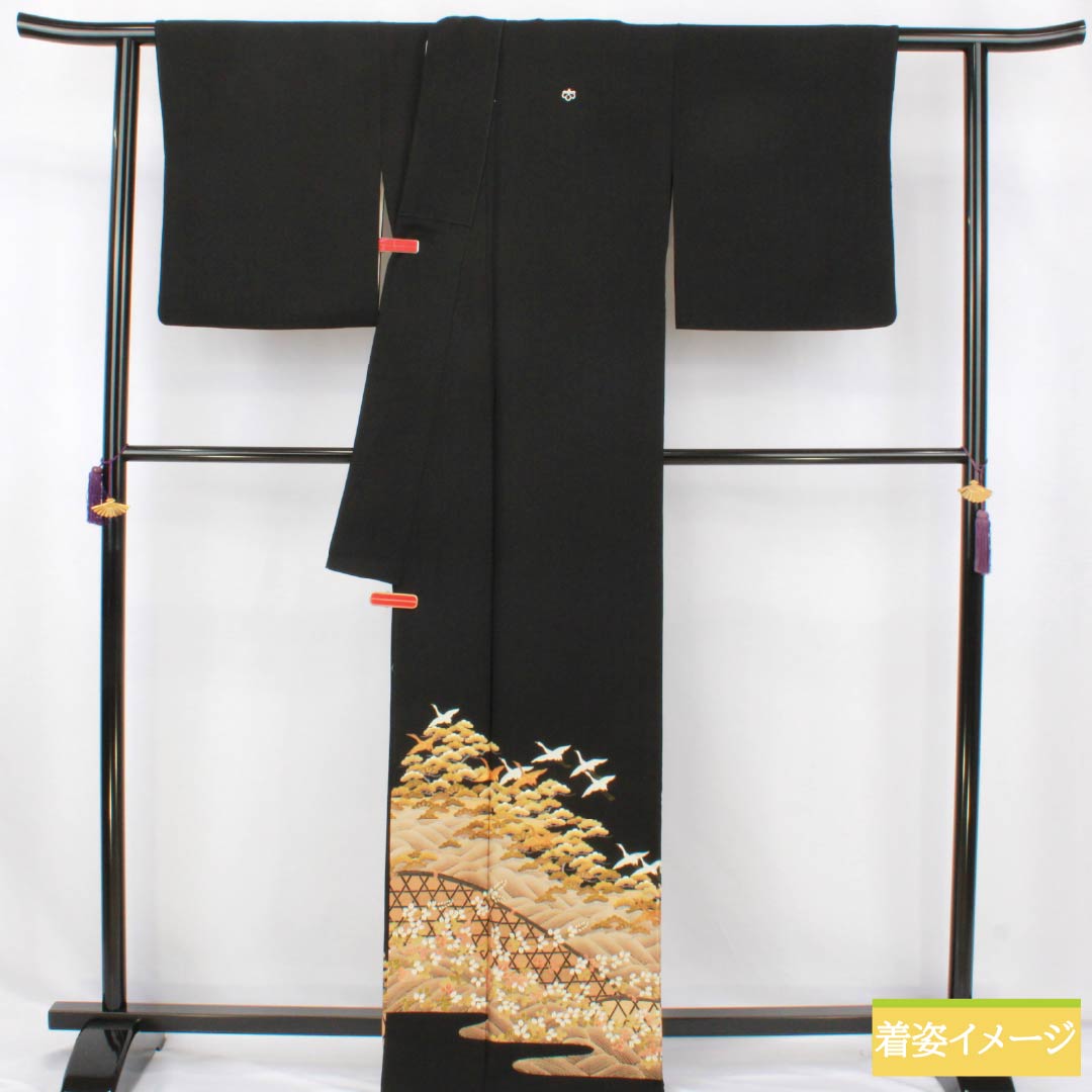 黒留袖 正絹 Aランク 身丈167cm 裄丈67.5cm 袷 京友禅 五つ紋 中陰五三桐 鶴 松 萩 波 五つ紋 黒系 1111002053510