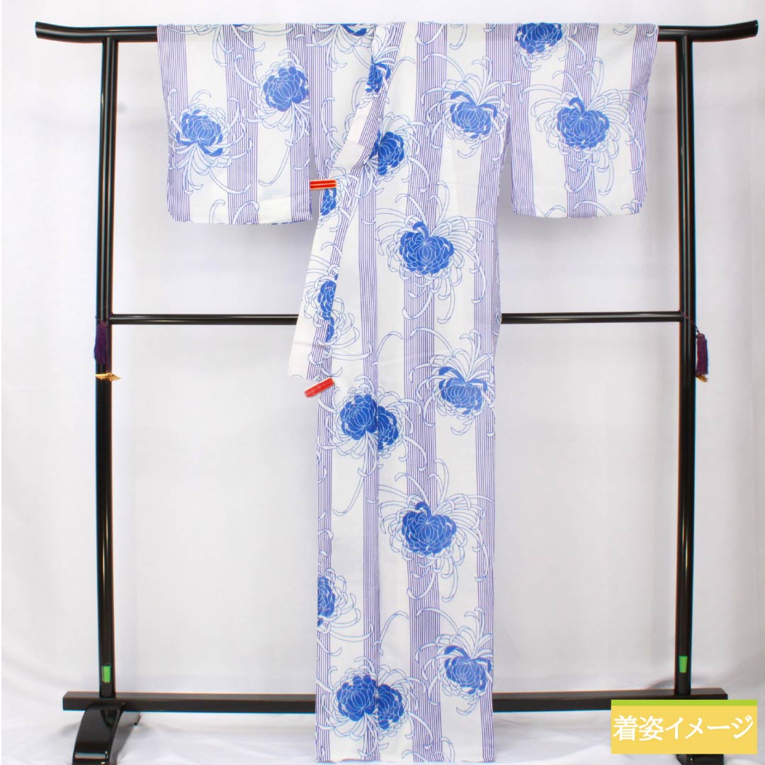 (新品未使用品) 浴衣 ポリエステル 身丈167cm 裄丈65.5cm NEWランク 単衣 白系 白色(しろいろ) 糸菊 経縞 1118005761511