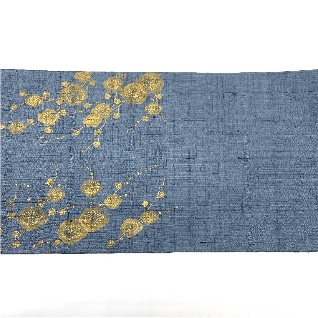 袋帯 湊鼠色(みなとねずいろ) しだれ梅 紬地 帯丈458cm 正絹 Sランク ポイント柄 カジュアル 青系 1123009242417