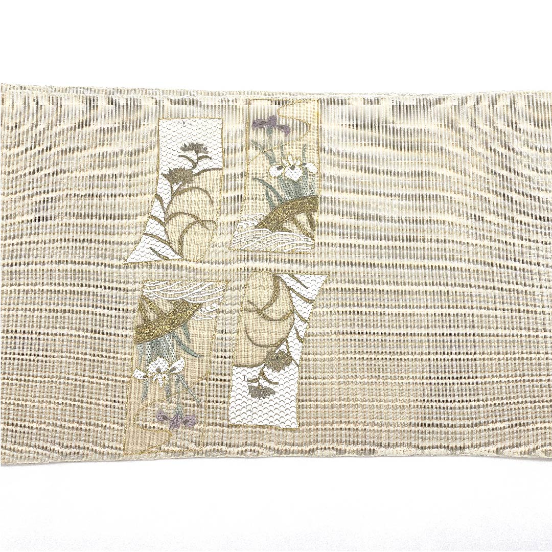 名古屋帯 生成り色 夏帯 絽 菖蒲 コスモス 流水 帯丈366cm 正絹 Sランク ポイント柄 フォーマル クリーム系 1124004472315 開き仕立て