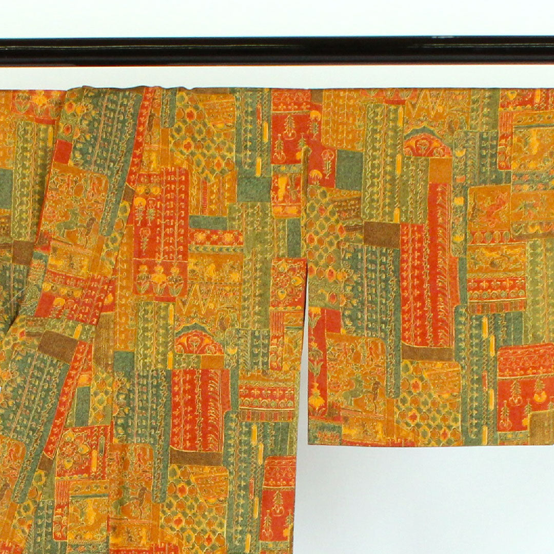 小紋 身丈152cm 裄丈64cm 袷 更紗柄 正絹 Aランク 茶系 1115000083214