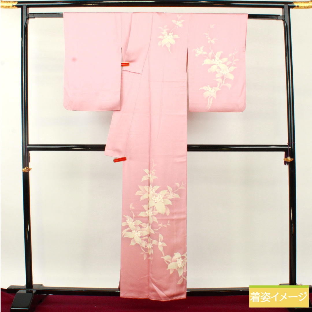 訪問着 正絹 袷 身丈158.5cm 裄丈62.5cm 一斤染色(いっこんぞめいろ) 京友禅 草花模様 一つ紋 丸に沢瀉 Aランク ピンク系 1112004763313