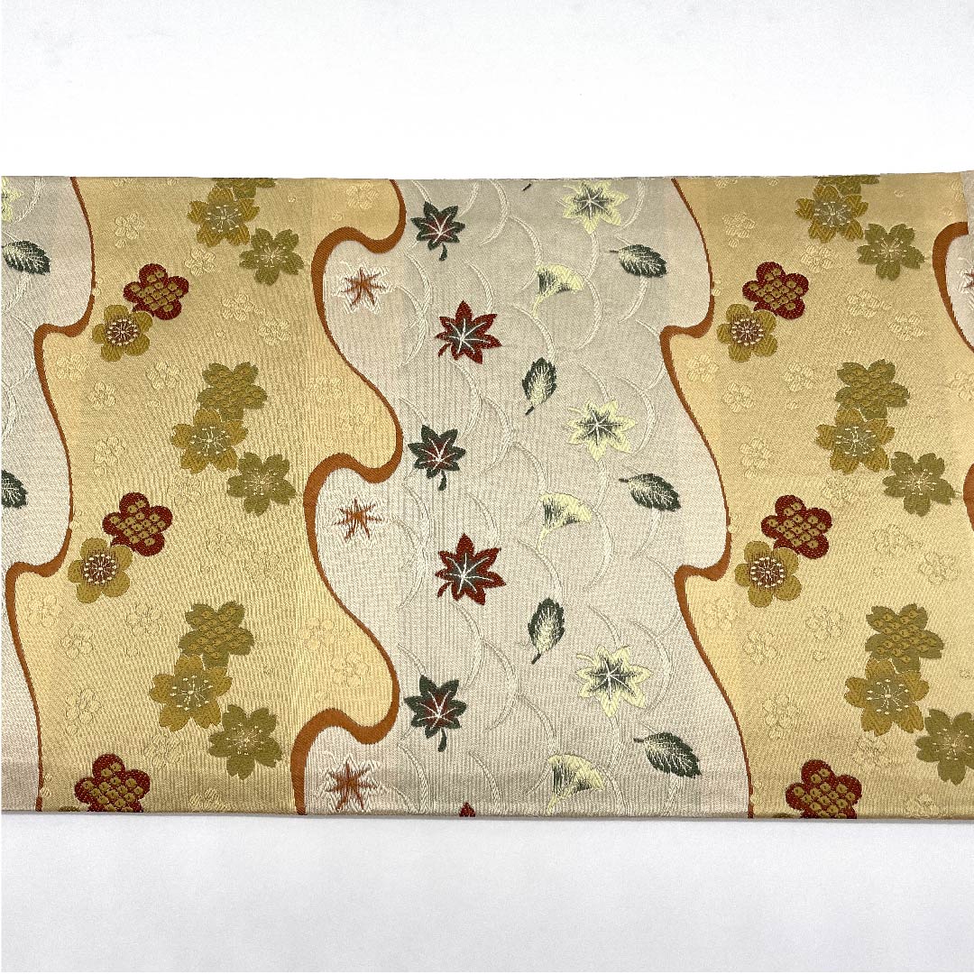 名古屋帯 京袋帯 生成り色 横段 芝草 桜 梅 紅葉 帯丈378cm ポリ Aランク 六通 セミフォーマル クリーム系 1124003483315 開き仕立て