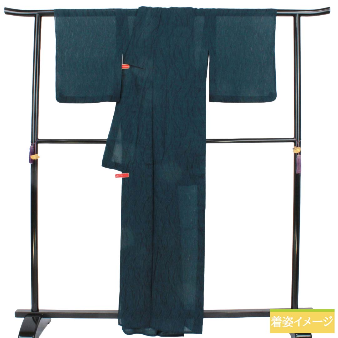 夏物 ポリエステル お召 Aランク 身丈163.5cm 裄丈67.5cm 黮色(つじみいろ) 洗える着物 抽象模様 紗 緑系 1132006413419