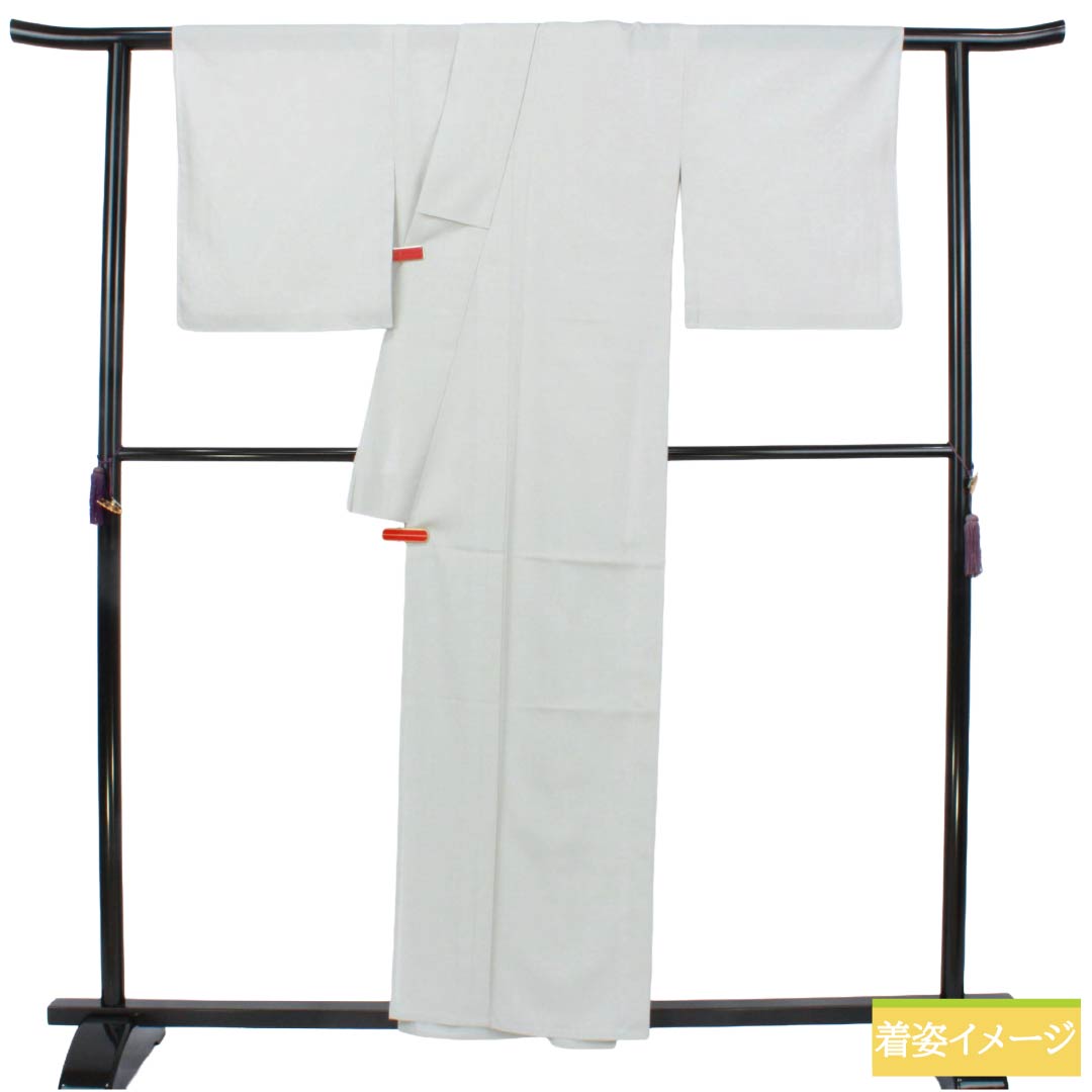 夏物 ポリエステル 色無地 Sランク 身丈157.5cm 裄丈66cm 白鼠色(しろねずいろ) 洗える着物 素無地 一つ紋 絽 グレー系 1132006192322