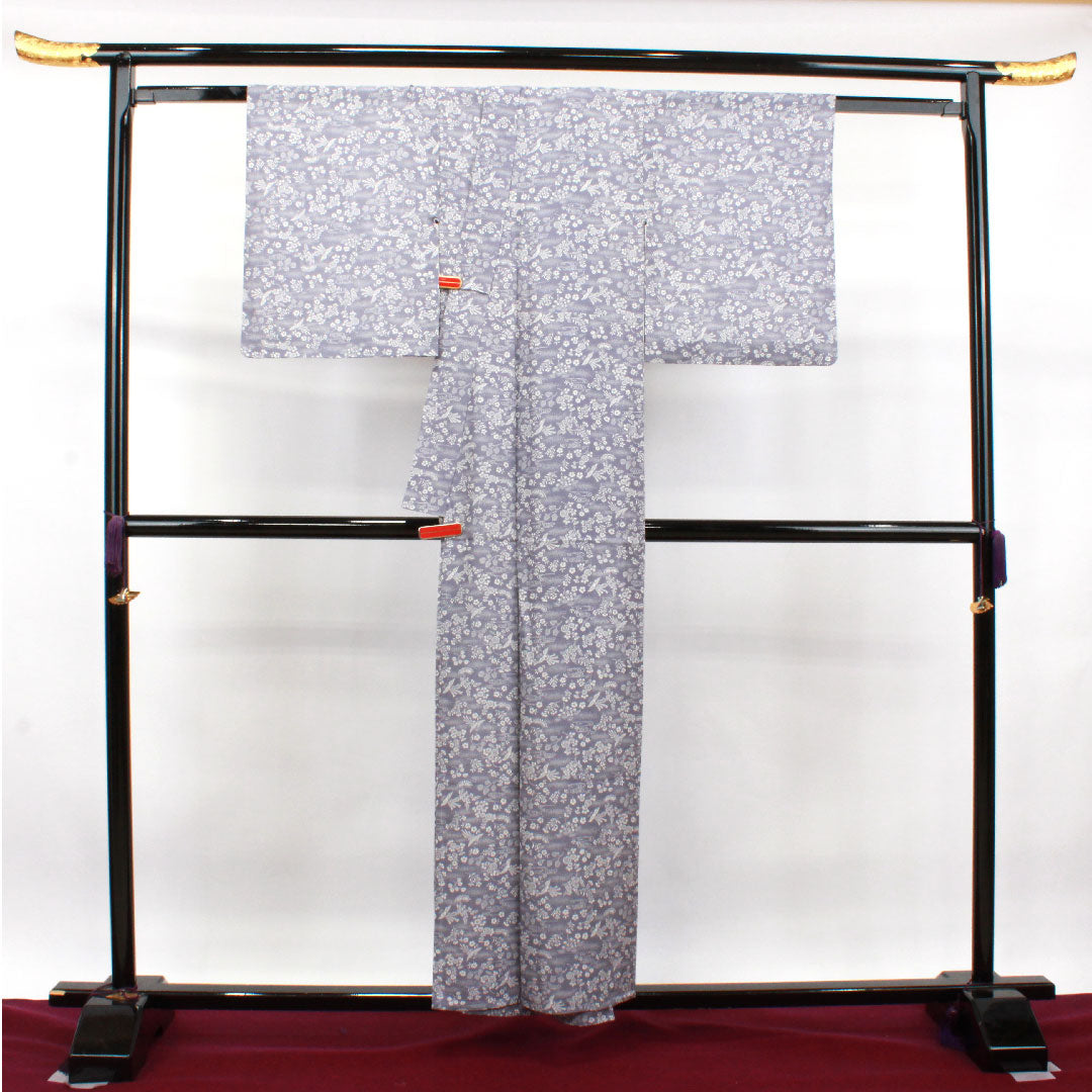 夏物 正絹 小紋 身丈155.5cm 裄丈64cm 相思鼠色(そうしねずいろ) 吉祥文様 鳳凰 菊 絽 Sランク グレー系 1132001832322