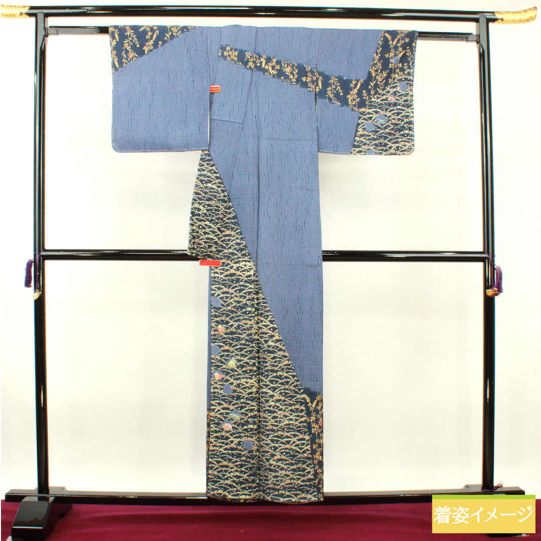 訪問着 正絹 袷 身丈155cm 裄丈62cm 江戸納戸色 京友禅 絞り しつけ糸付き 未使用品 Sランク 青系 1112003872317