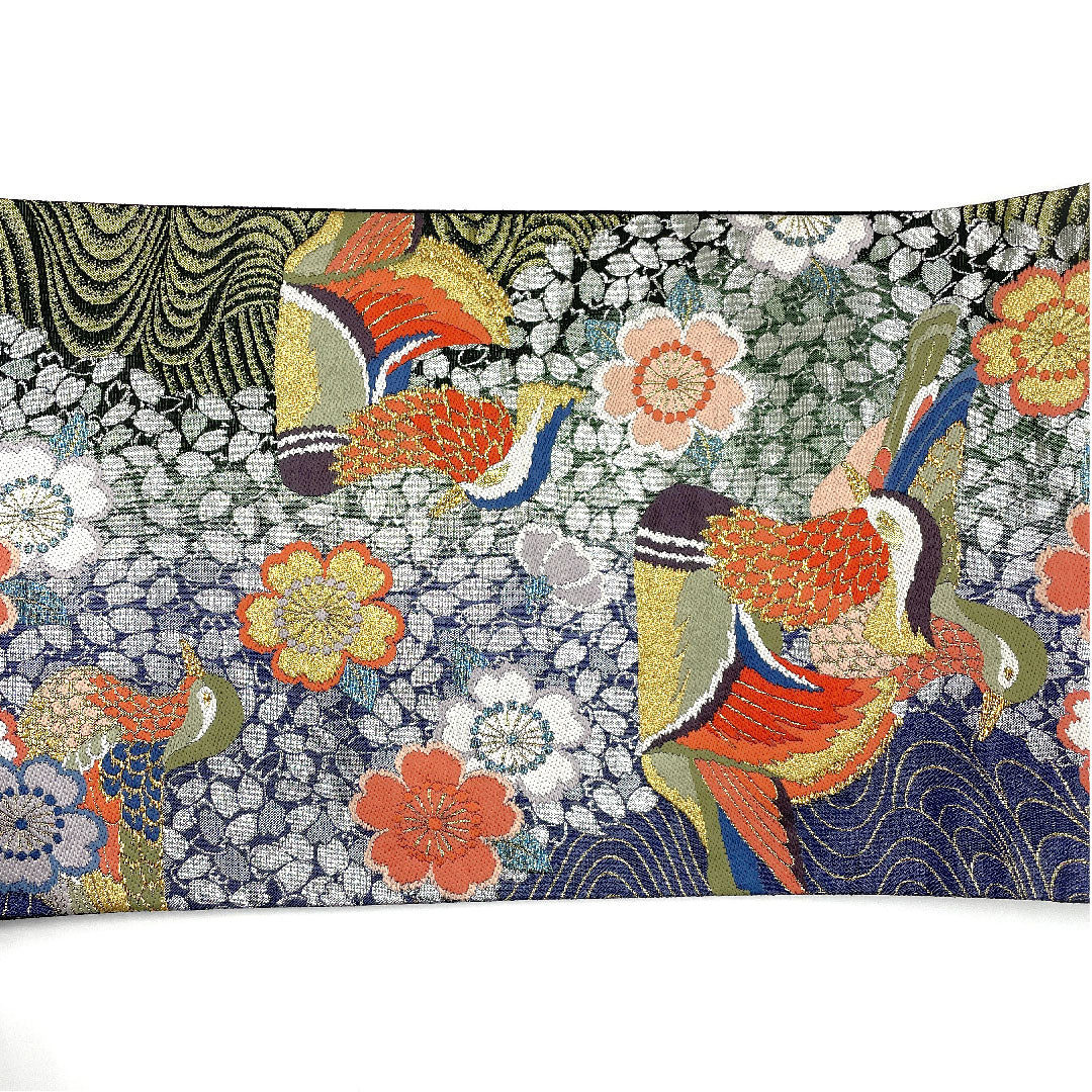 袋帯 振袖用 桜散らし鴛鴦紋 帯丈426cm 正絹 Sランク 全通 フォーマル 紺系 1123003932318