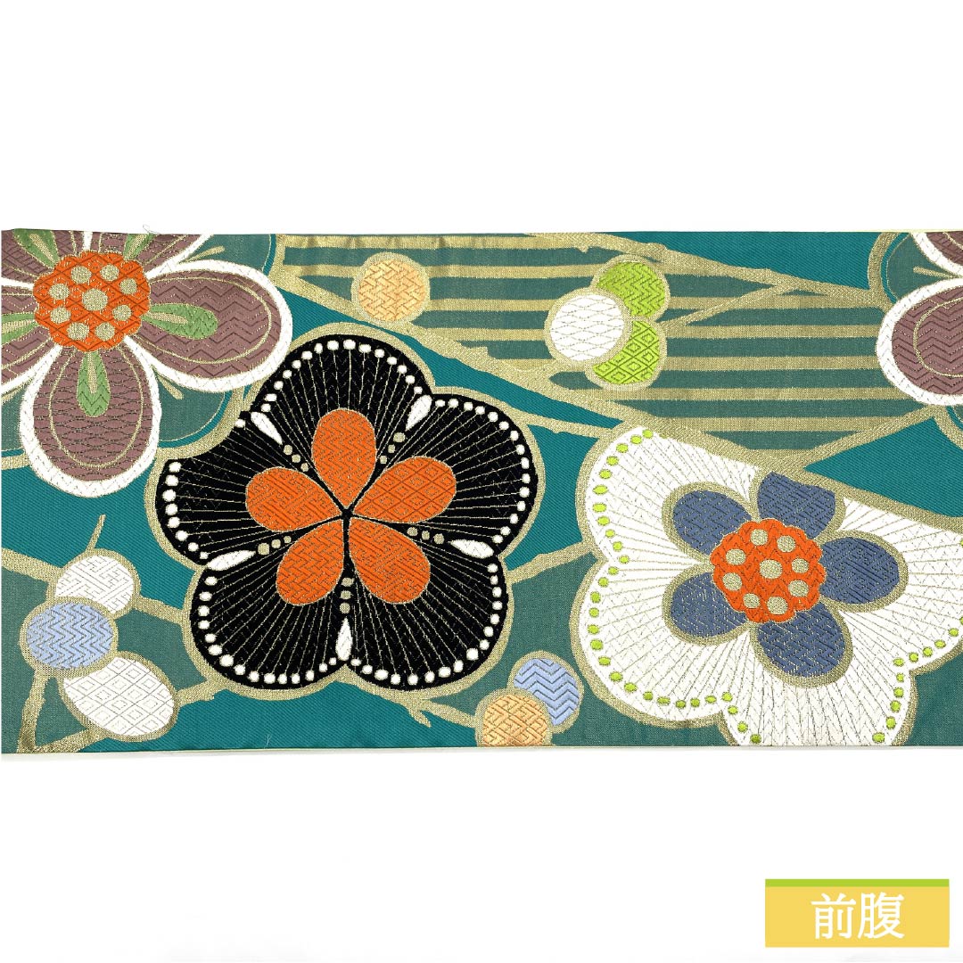 Fukuro Obi (Japanese traditional kimono sash) made of pure silk, emerald green, for long-sleeved kimono, plum blossom, obi length 432cm, A rank, six-way, formal, blue, 1123013713317