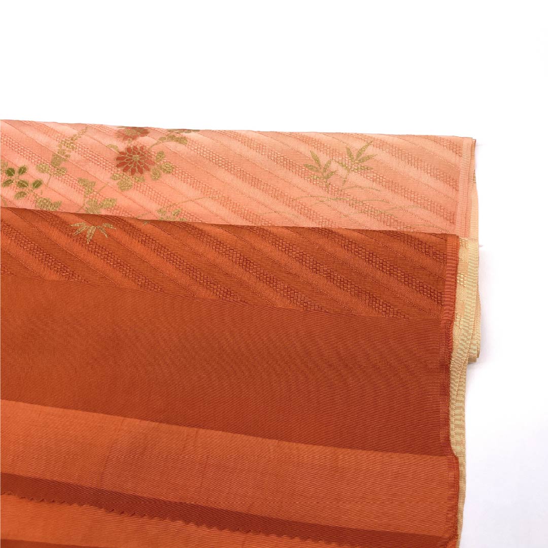 S-Rank Silk Obiage (Semi-Formal) - Skin Tone and Vermilion Gradient with Plant Pattern, Orange, Length: Approx. 164cm, Width: Approx. 28.5cm, Product Code: 1136001912926