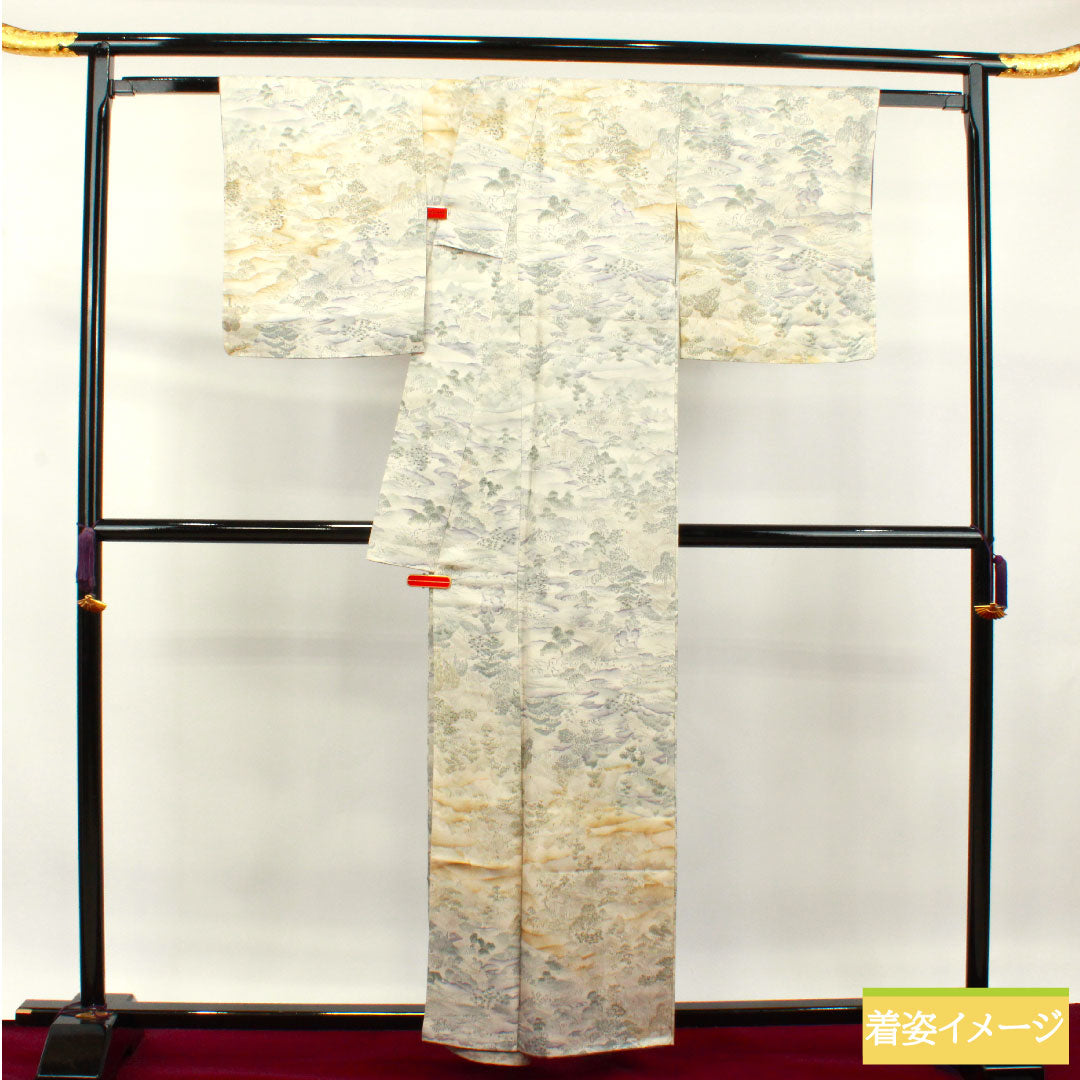 小紋 正絹 身丈159cm 裄丈65.5cm 袷 銀白色 風景模様 しつけ糸付き 未使用品 Sランク グレー系 1115003722322
