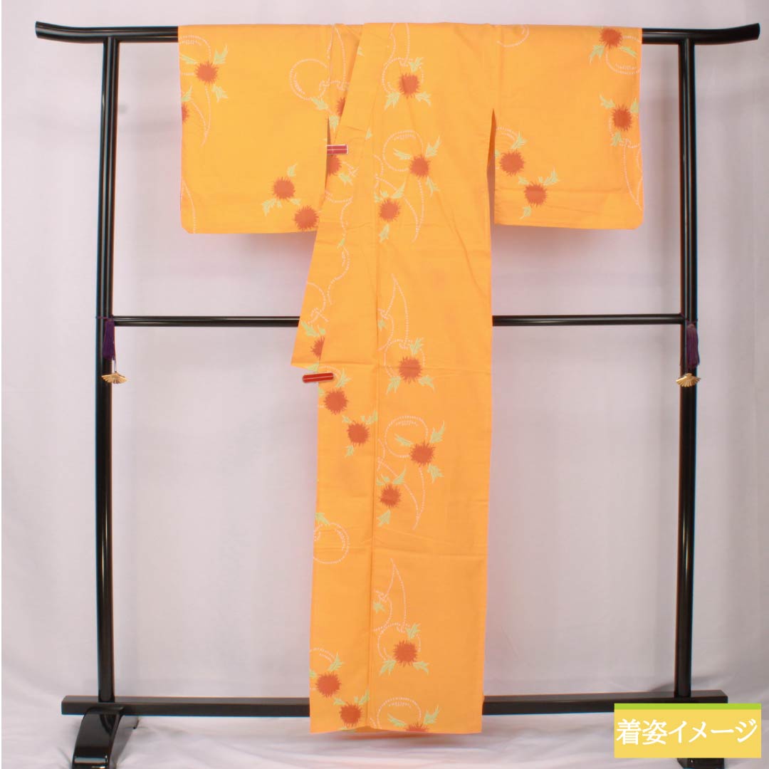 Cotton Yukata, Length 162.5cm, Sleeve Length 65cm, S Rank, Single Layer, Orange with Cherry Design, 1118005952426