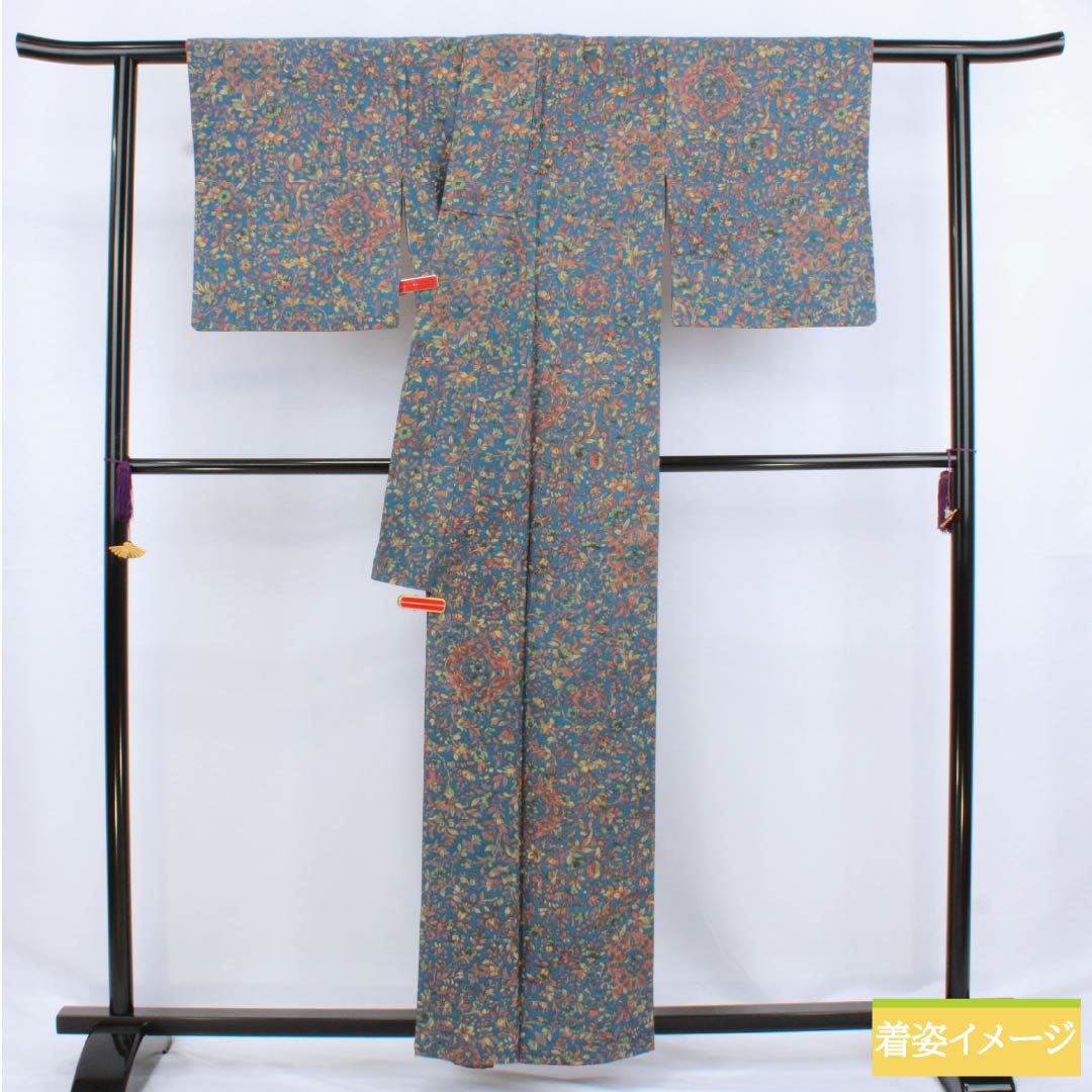 Komon silk S-rank kimono, length 158cm, sleeve length 63cm, lined, blue-tinted chintz, blue-toned, 1115006632317