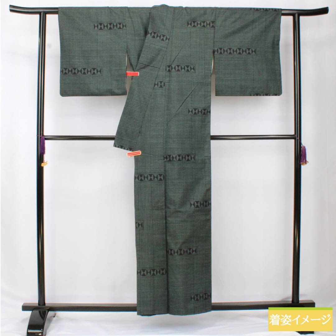 紬 正絹 Bランク 身丈156.5cm 裄丈66cm 島松鼠色(しままつねずいろ) 大島紬 一元絣 7マルキ 袷 緑系 1116004104319