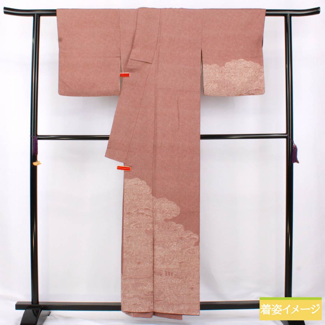 訪問着 正絹 Aランク 袷 身丈157cm 裄丈63cm 赤銅色(しゃくどういろ) 型染 江戸小紋 鮫柄 風景模様 茶系 1112006133314