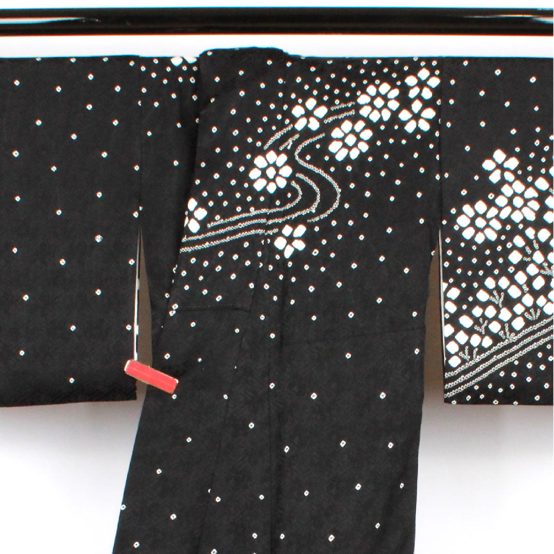 訪問着 袷 身丈159.5cm 裄丈62cm 絞り 花模様 正絹 Aランク 黒系 1112001693310