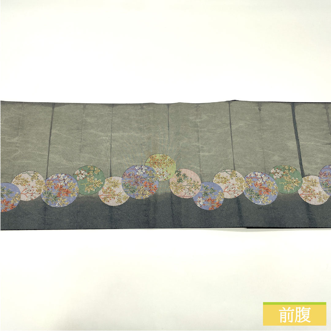 袋帯 正絹 Sランク 薄鼠色(うすねずいろ) 西陣織 引箔 丸輪に草花模様 帯丈440cm 六通 セミフォーマル グレー系 1123017022322
