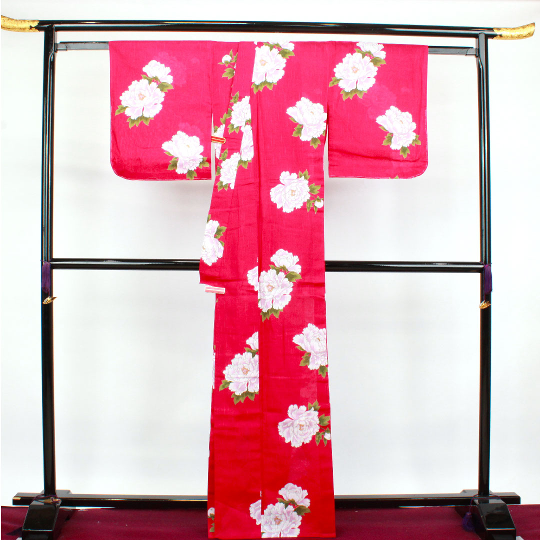浴衣 躑躅色 山茶花 木綿 Sランク 単衣 身丈166.5cm 裄丈67cm ピンク系 1118001992513