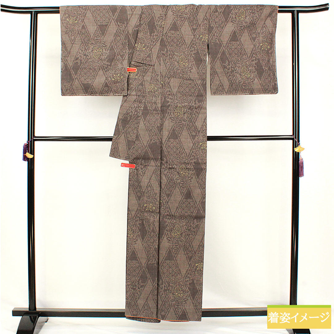 結城紬 正絹 身丈157.5cm 裄丈64.5cm 黝色 抽象模様 しつけ糸付き 未使用品 Sランク 袷 グレー系 1116003322322