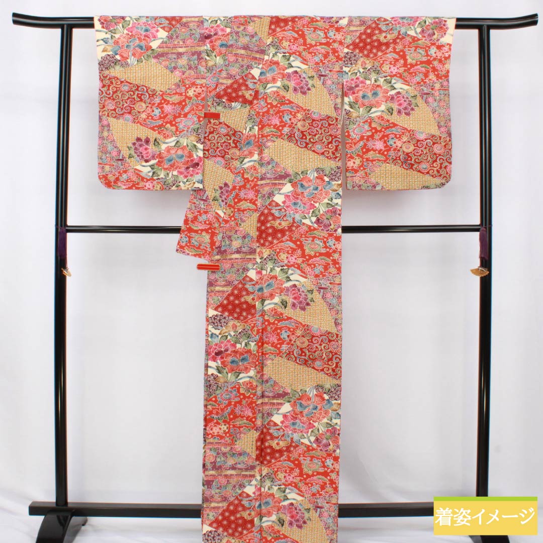 小紋 正絹 Sランク 身丈163cm 裄丈67cm 袷 京紅型 割付文様 紅型調 草花 グラデーション系 1115007342499