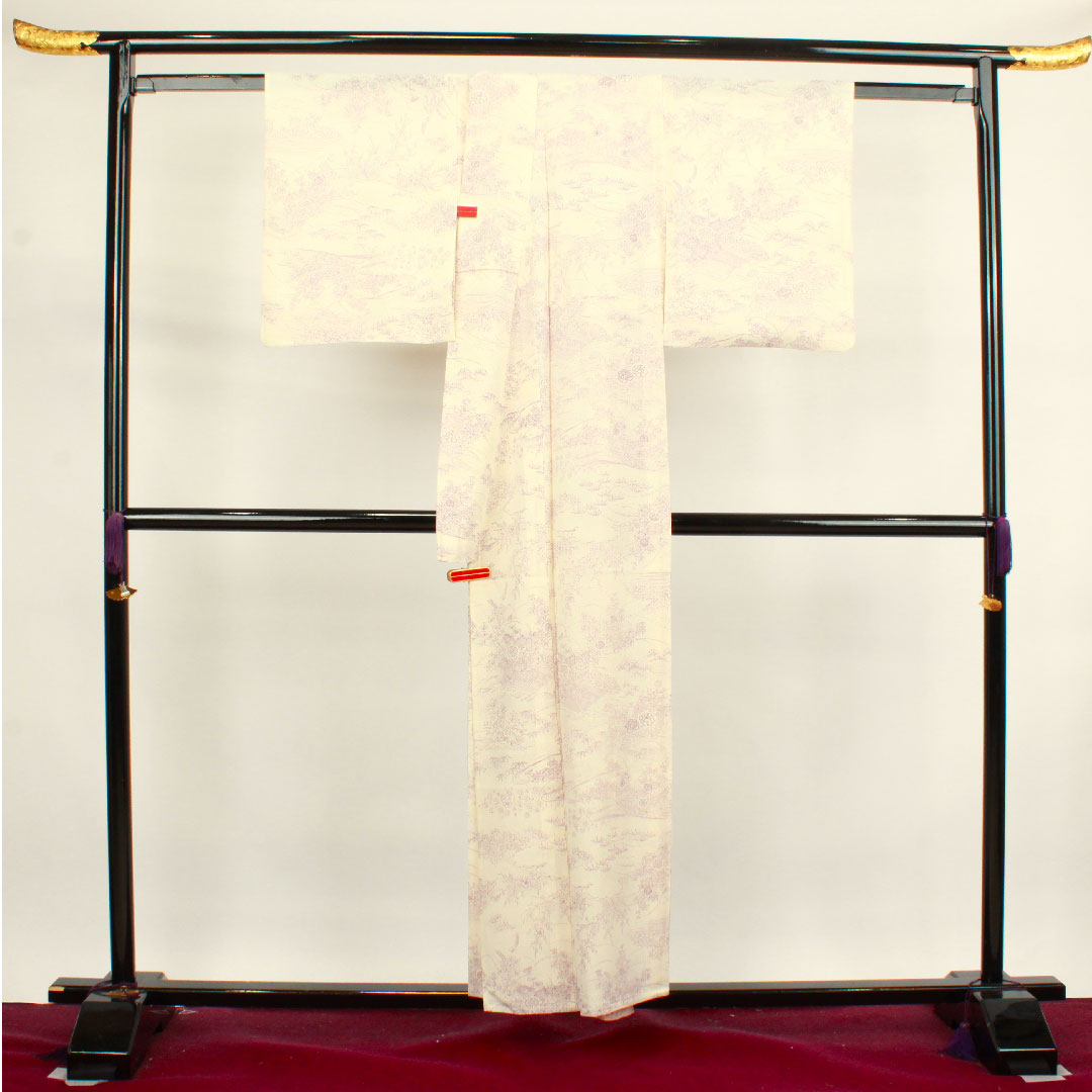 夏物 正絹 小紋 身丈154.5cm 裄丈63.5cm 乳白色(にゅうはくしょく) 松竹梅 菊 流水 絽 Sランク 白系 1132000642211