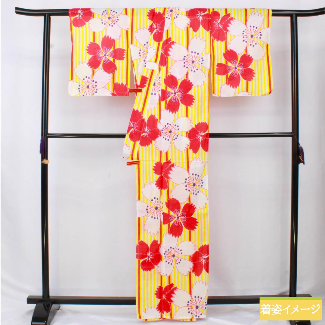 Cotton Yukata, Length 163cm, Sleeve Length 64cm, Rank A, Single Layer, Yellow, Pink, 1118006113423