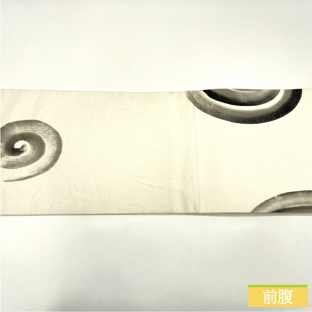 袋帯 正絹 Sランク 染め帯 唐獅子 円相 銀通し 墨描き 帯丈462cm ポイント柄 カジュアル 白系 1123017102411