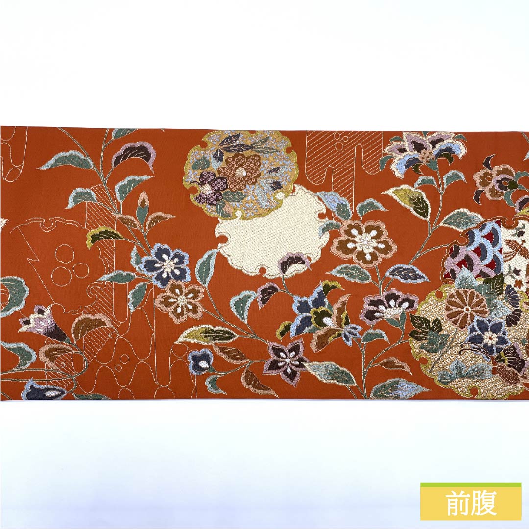 袋帯 正絹 紅柿色(べにかきいろ) 留袖用 白綾苑大庭 雪輪 花模様 帯丈436cm Sランク 六通 フォーマル 橙系 1123014402326