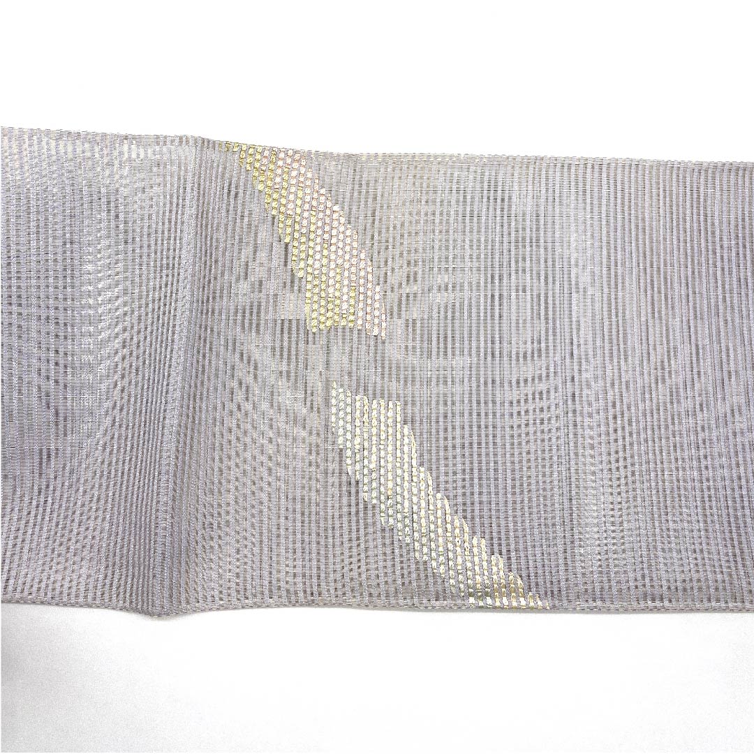 (新品未使用品)袋帯 夏帯 白銅色(はくどういろ) 幾何学模様 夏物 帯丈452cm 正絹 NEWランク ポイント柄 セミフォーマル グレー系 1123008491422
