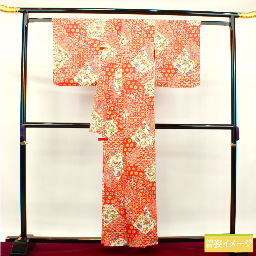 小紋 正絹 身丈157.5cm 裄丈64.5cm 単衣 緋色 型染 吉祥文様 Sランク 朱系 1115003832316