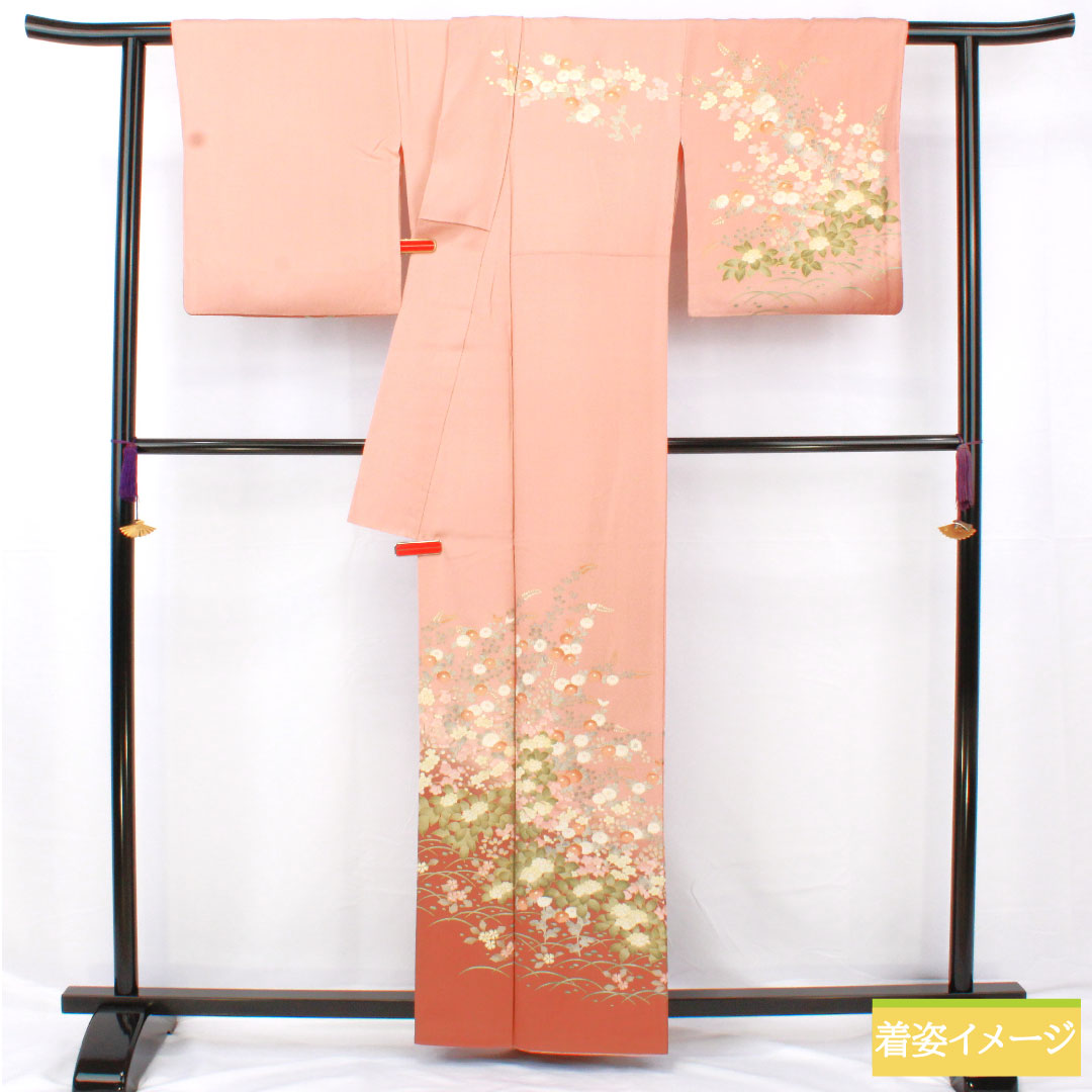訪問着 正絹 袷 身丈161.5cm 裄丈67cm 東雲色(しののめいろ) 京友禅 草花模様 Sランク ピンク系 1112005782413