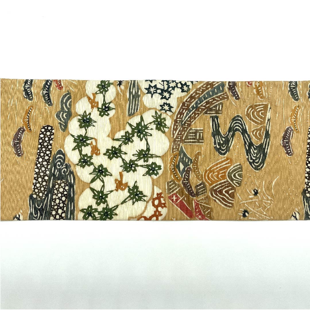 Nagoya obi, light withered leaf color, crepe fabric, floral, butterfly, bird pattern, obi length 353cm, pure silk, A rank, six-pass, casual, beige, 1124004723325, Nagoya style