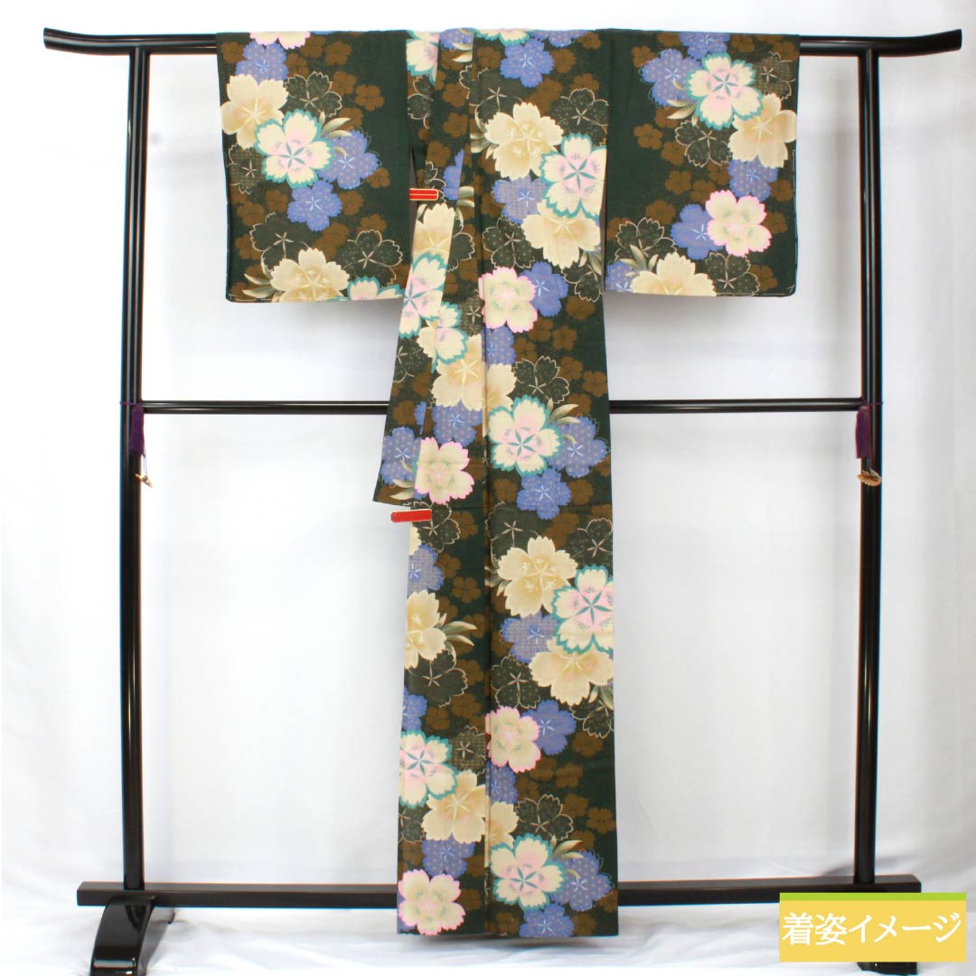 浴衣 木綿 身丈162.5cm 裄丈67cm Sランク 単衣 緑系 暗緑色(あんりょくしょく) 桜 1118006002419
