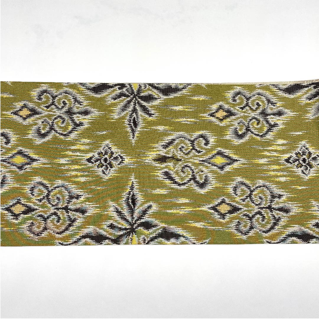 Fukuro obi (sash) in russet leaf color, ikat floral pattern, bamboo leaf pattern, by Ori Kobo Kanae, reversible, obi length 444cm, pure silk, S rank, full length, semi-formal, green, 1123007812319