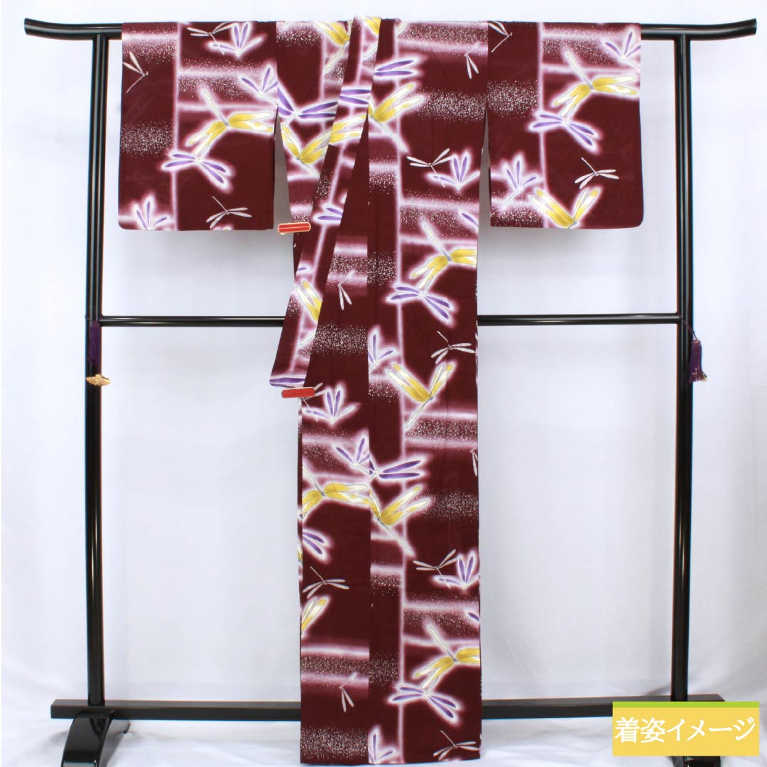 Cotton Yukata, Length 165cm, Sleeve Length 67.5cm, Rank A, Single Layer, Purple with Mulberry Color, Dragonfly Design, Kansai Yamamoto, Product Number 1118006293520