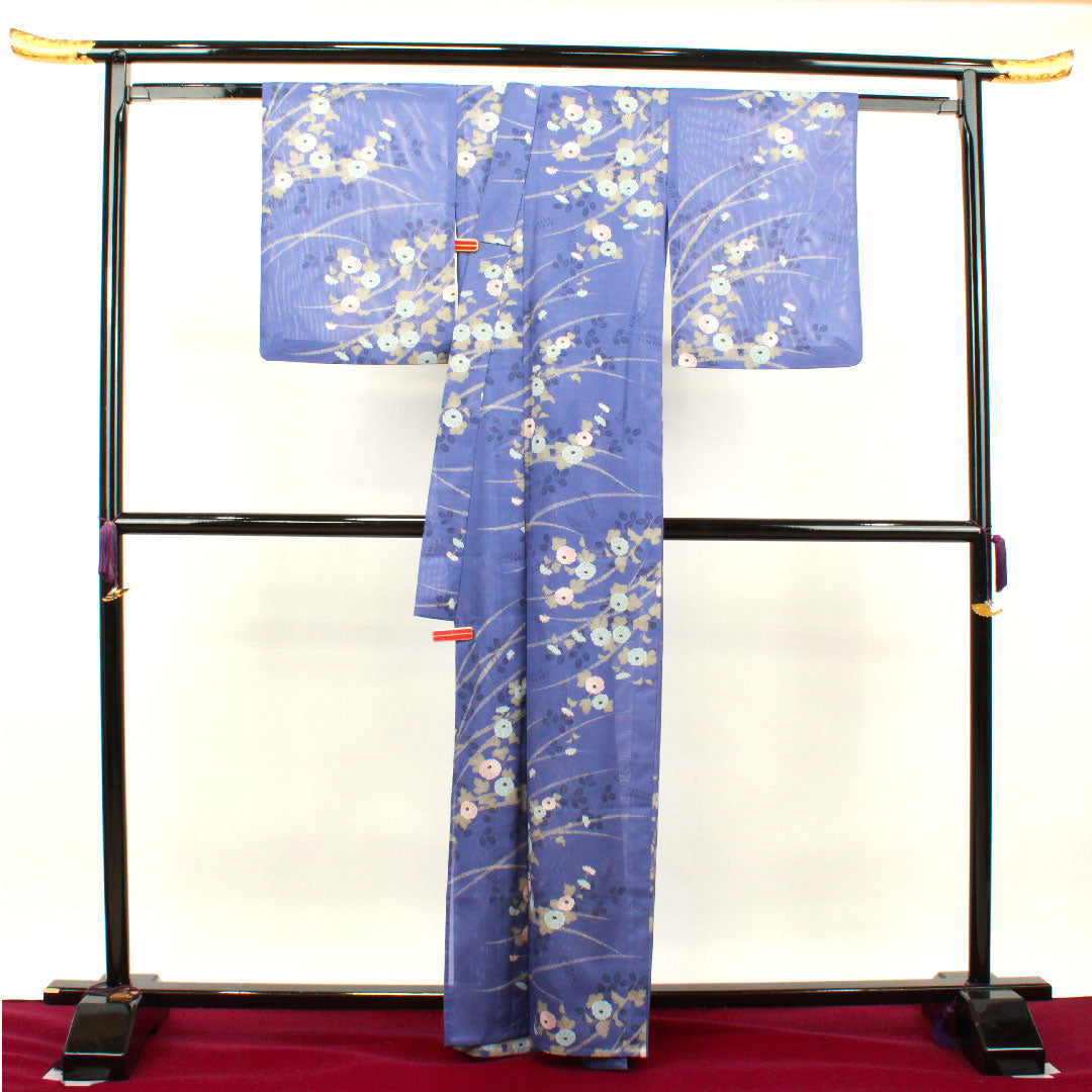 夏物 ポリエステル 小紋 身丈164cm 裄丈64cm 紺藤色(こんふじいろ) 菊 萩 洗える着物 絽 Sランク 青系 1132001742417
