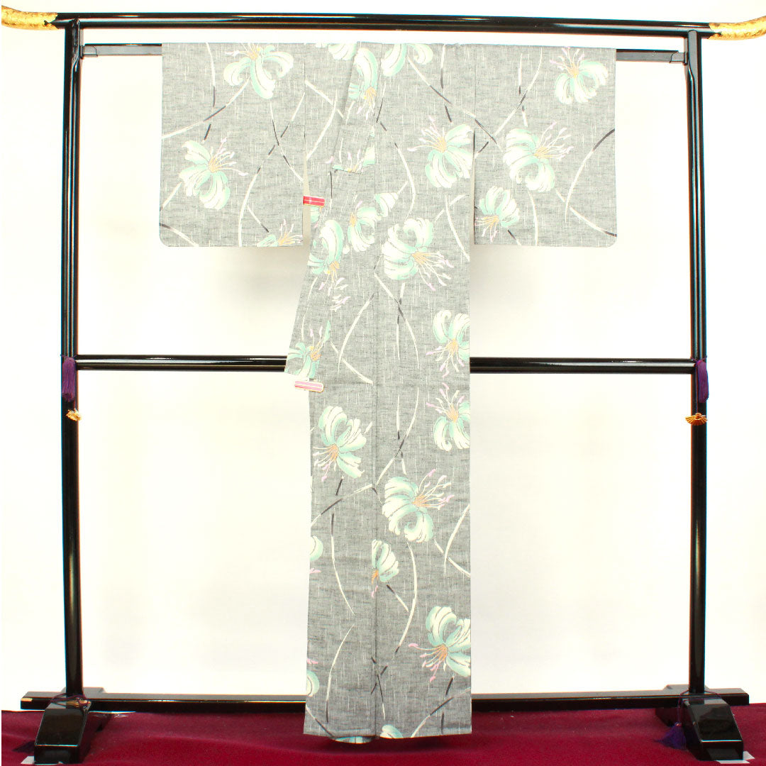 浴衣 竺仙 しつけ糸付き 未使用品 錫色 百合 木綿 Sランク 単衣 身丈160cm 裄丈65.5cm グレー系 1118003362422