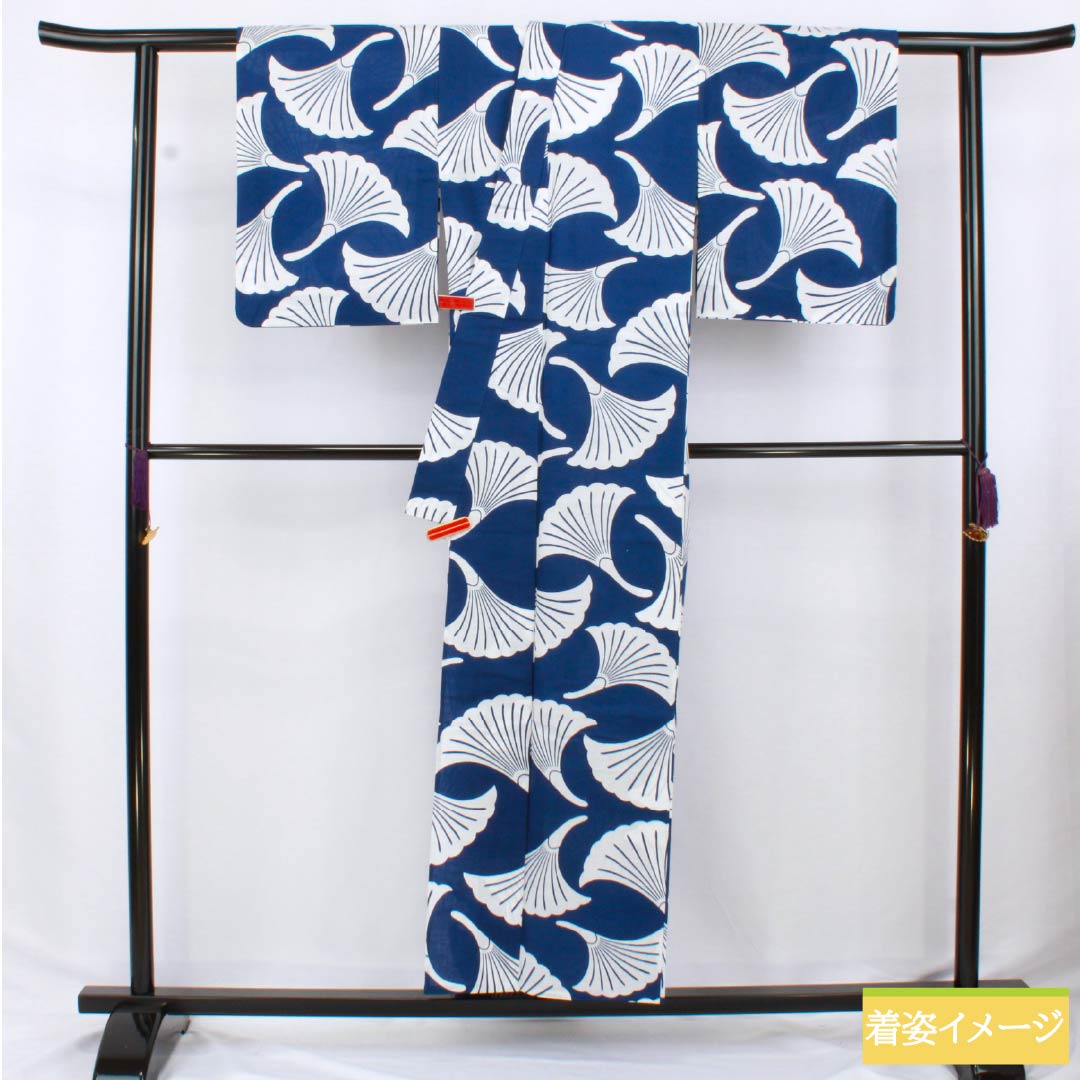浴衣 木綿 身丈155.5cm 裄丈61.5cm Sランク 単衣 紺系 紺瑠璃色(こんるりいろ) 銀杏 1118006582318