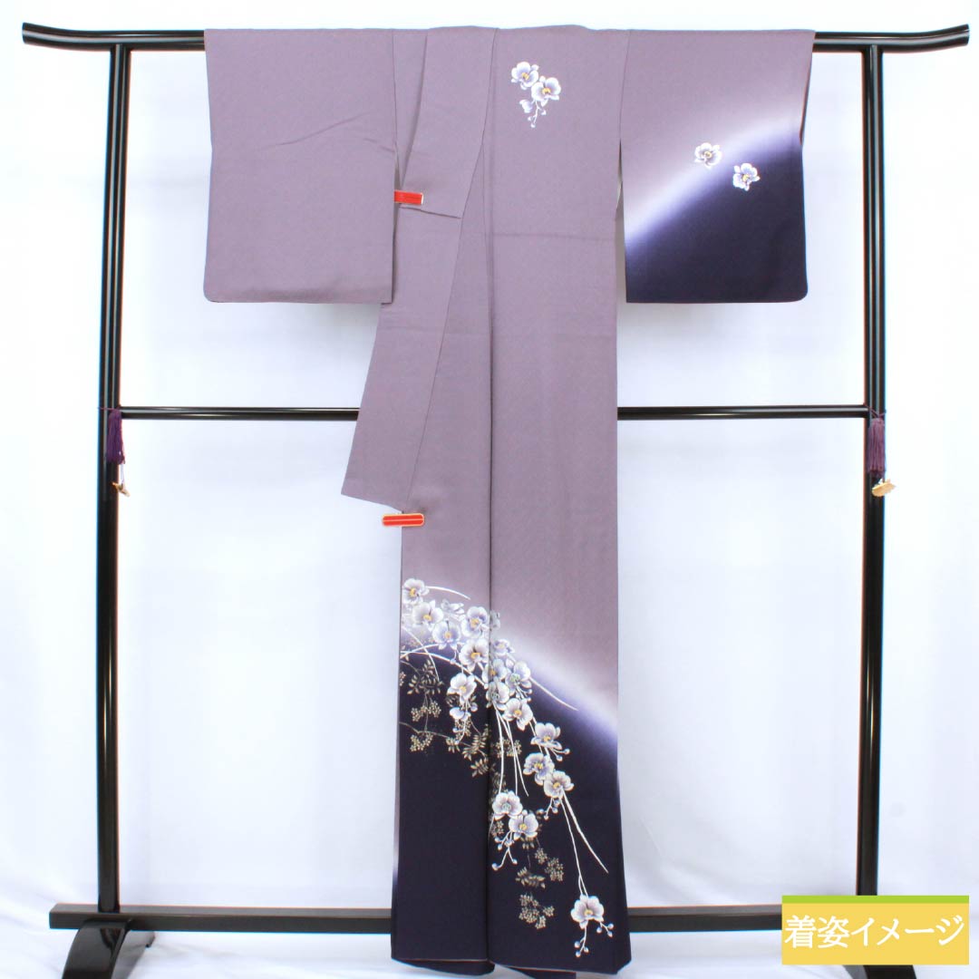 Visiting Kimono, Pure Silk, S-Rank, Lined, Length 161cm, Sleeve Length 63cm, Hatobairo (Dove Feather Color), Tsukesage, Gold-Leafed Flowers, Hajikku Guard, Purple, Product Number: 1112006762420