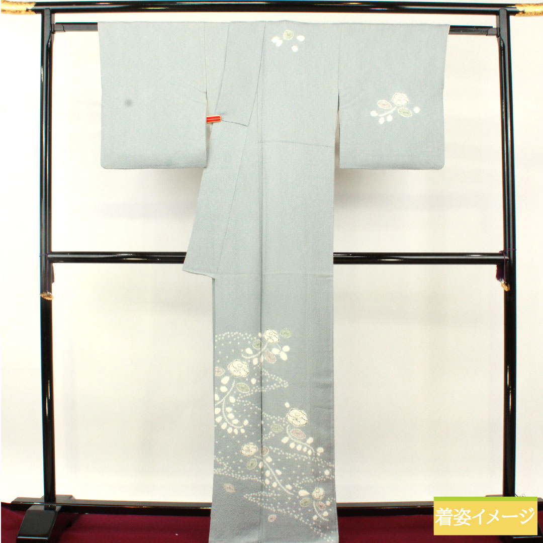 訪問着 正絹 袷 身丈165.5cm 裄丈67cm 空色鼠色(そらいろねずいろ) 辻ヶ花 あやめガード加工 Sランク 青系 1112004732517