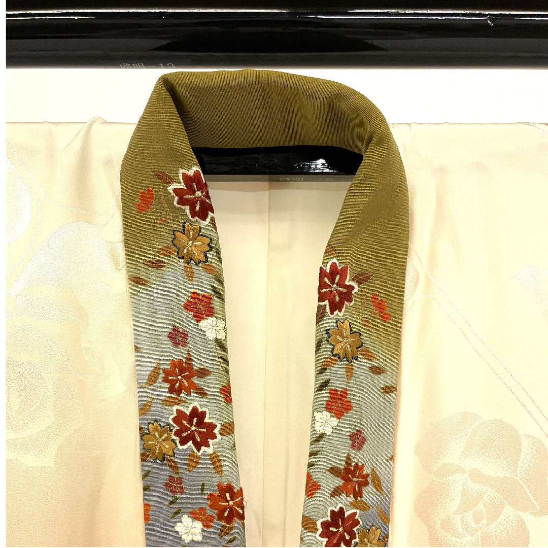長襦袢 正絹 身丈125cm 裄丈64.5cm 袷 振袖用 刺繡半衿付き バラ Sランク ピンク系 1129000052113
