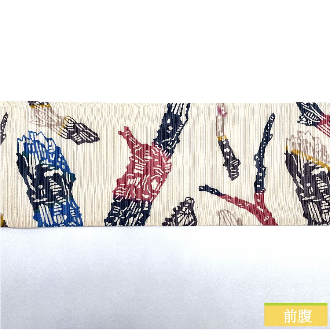 名古屋帯 生成り色 型染 京紅型 抽象模様 帯丈378.5cm 正絹 Sランク 全通 カジュアル 白系 1124005772311 名古屋仕立て