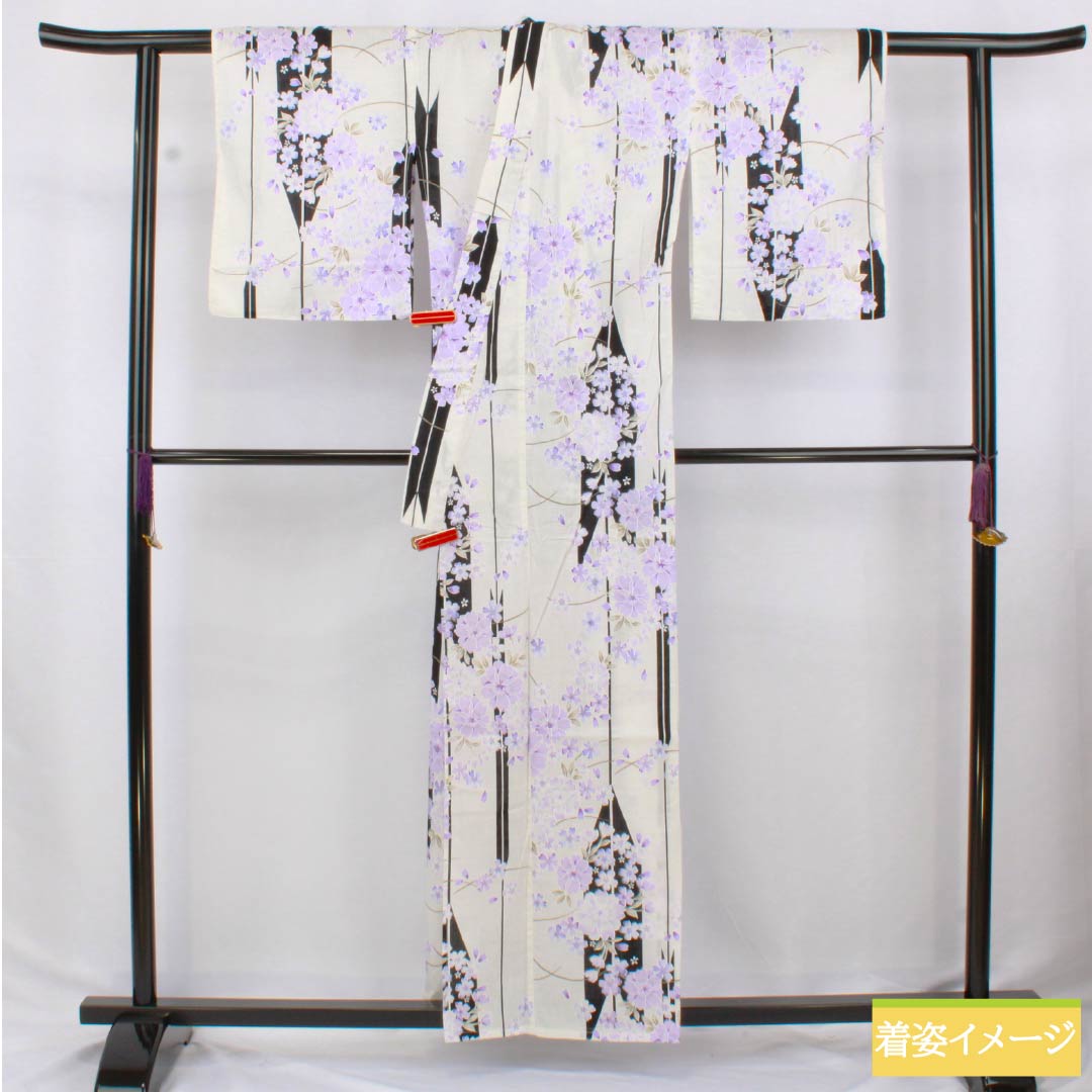 Cotton Yukata, Length 157.5cm, Sleeve Length 62cm, S Rank, Single Layer, White, Arrow Feathers, Floral Pattern, 1118006332311