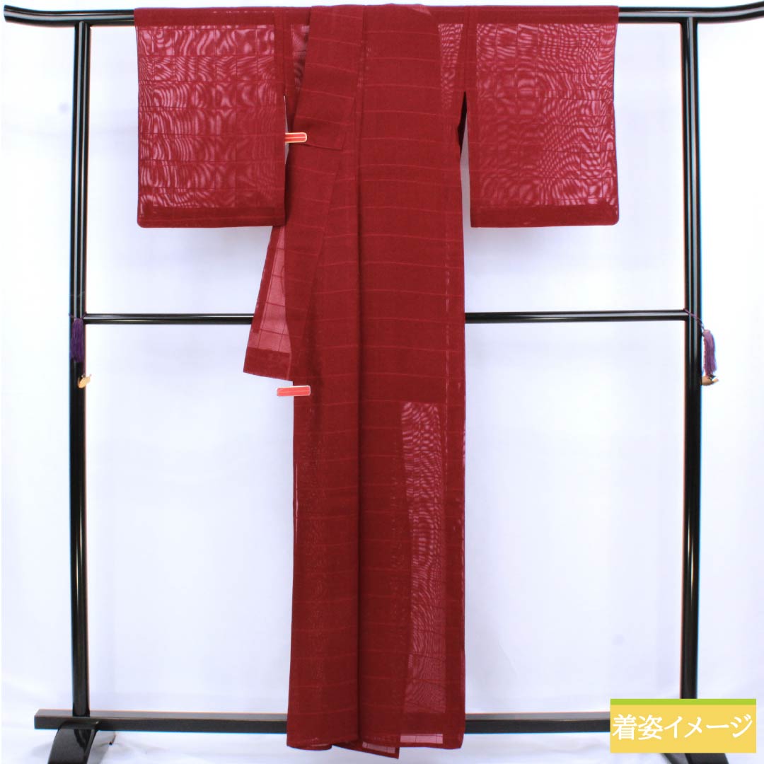 Summer pure silk tsumugi (pongee) kimono, length 159cm, sleeve length 64.5cm, crimson color, woven gauze pattern, checkered pattern, A rank, vermilion, 1132002763316