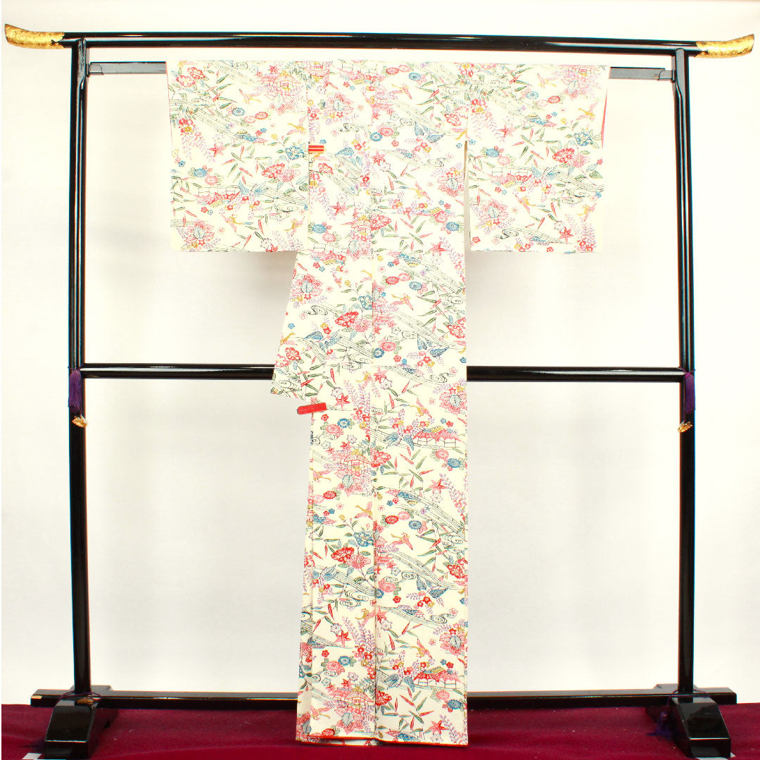 Komon Length 163.5cm Sleeve length 65cm Awase Milky white Kyo-Bingata Chayatsuji Pure silk S rank White 1115003342411
