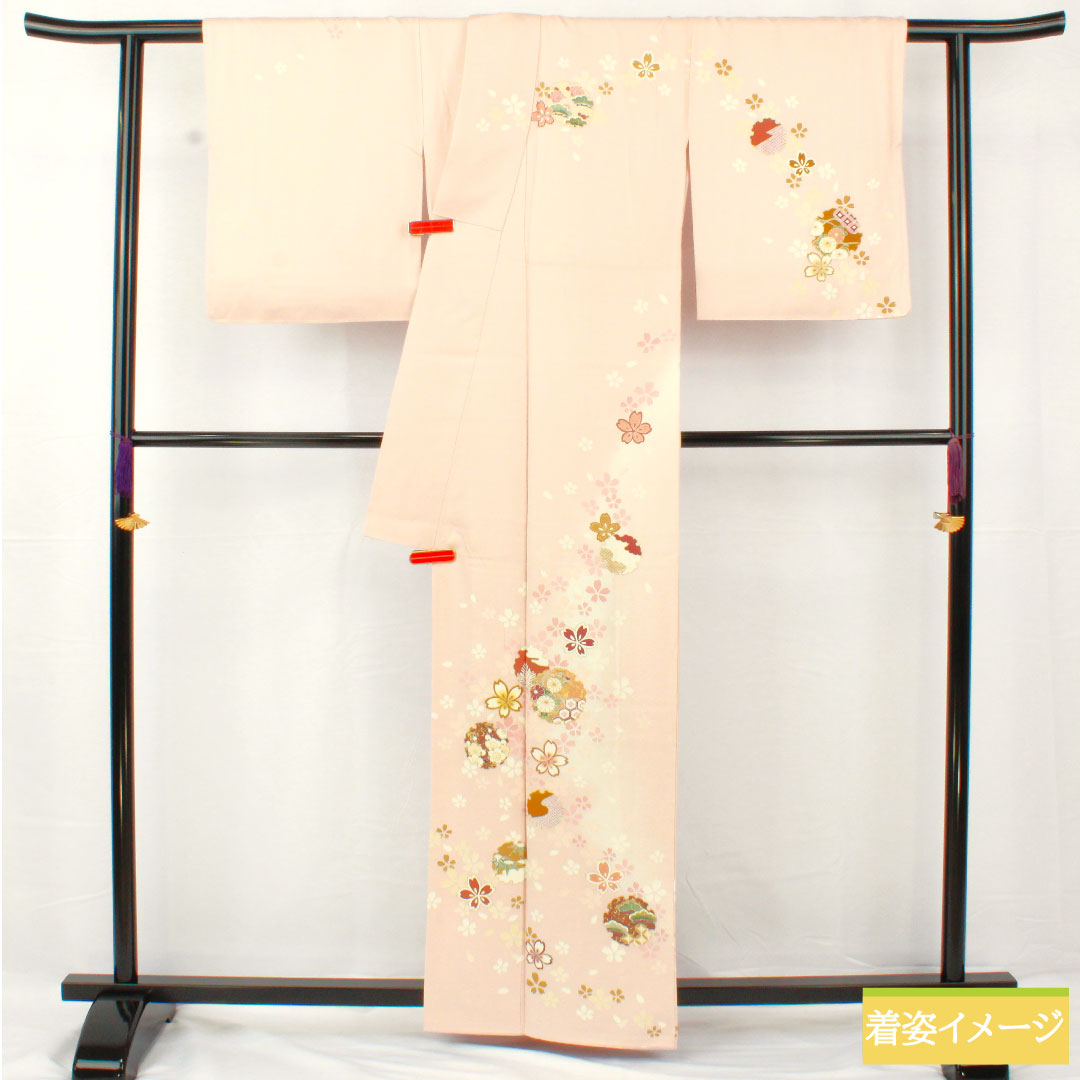 Homongi, pure silk, lined, length 162.5cm, sleeve length 67.5cm, modern colors, Kyo-Yuzen, snowflake, cherry blossom, A rank, pink, 1112005013413